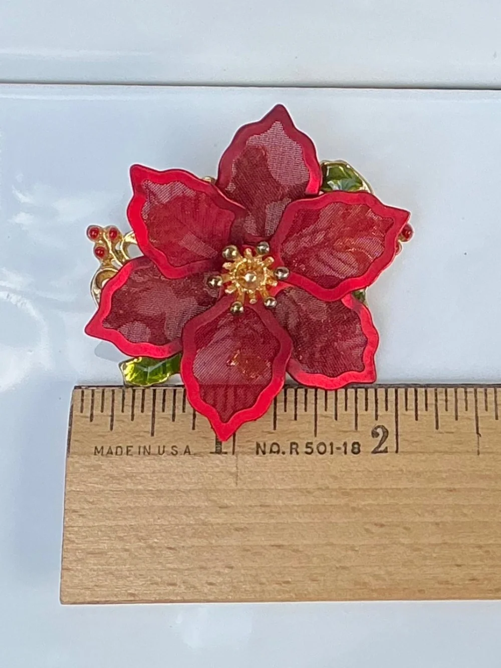 Vintage 1990s Kenneth Cole Signed Red Mesh Poinsettia Brooch Holiday Pin